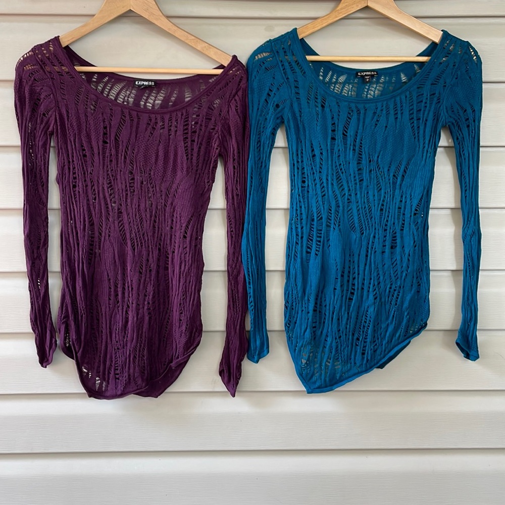 Express Women’s Long Sleeve Boat Neck Sheer Tops (Bundle of 2) Size Small